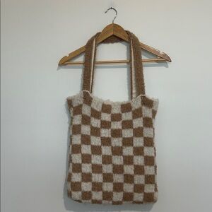 Free People Checkered Knit Tote Bag Cream Brown Lined 16” X‎ 14”